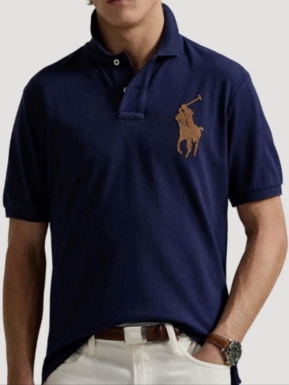 Ralph Lauren Polo Shirt in Navy Blue with Leather Big Pony Brown Logo, Sz XLT